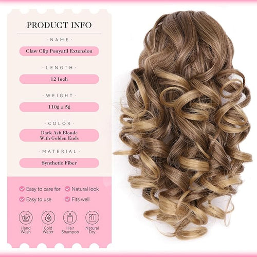 12 Inch Ponytail Extension - Clip in Ponytail Hair Extensions, Curly Wavy Pony Tails Hair Extensions, Synthetic Claw Clip Ponytail Extension for Women (Color: Dark Ash Blonde With Golden Ends)