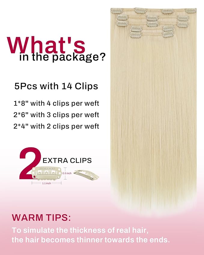 Moresoo Golden Platinum Blonde Human Hair Clip in Extensions Blonde Real Hair Extensions Clip in Human Hair Blond to Add Length for Women 80g/5pcss 22 inch