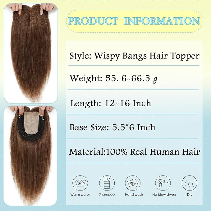 Hair Toppers for Women Real Human Hair, 360° 3D Toppers Pieces for Women with Thinning Crown Wispy Bangs 16 Inch Upgrade Big Basement (Light Brown, 16 Inch Wispy Bangs)