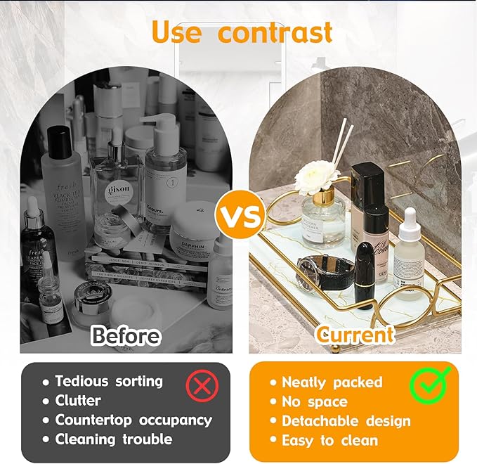 Vanity Tray Luxury Bathroom Counter Tray Glass Perfume Organizer Holder Cosmetics Makeup Skincare Display Decorative Vanity Trays for Bathroom Dresser Bedroom (Platinum, L)