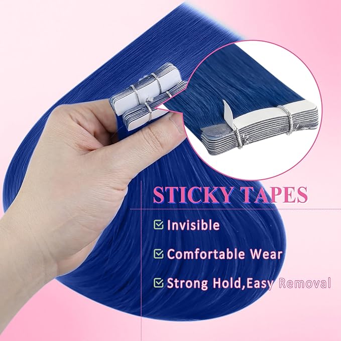 YoungSee Tape in Hair Extensions Real Human Hair Blue Invisible Tape in Human Hair Extensions Blue 18 Inch Seamless Tapes Hair-Extensions Colored 10pcs 25g DIY Hair Extension