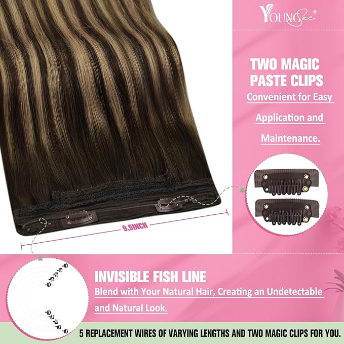 YoungSee 120G Wire Hair Extensions Human Hair Balayage Wire Extensions with Adjustable Clips Dark Brown Fading to Caramel Blonde Balayage Fish Line Human Hair Extensions 18Inch