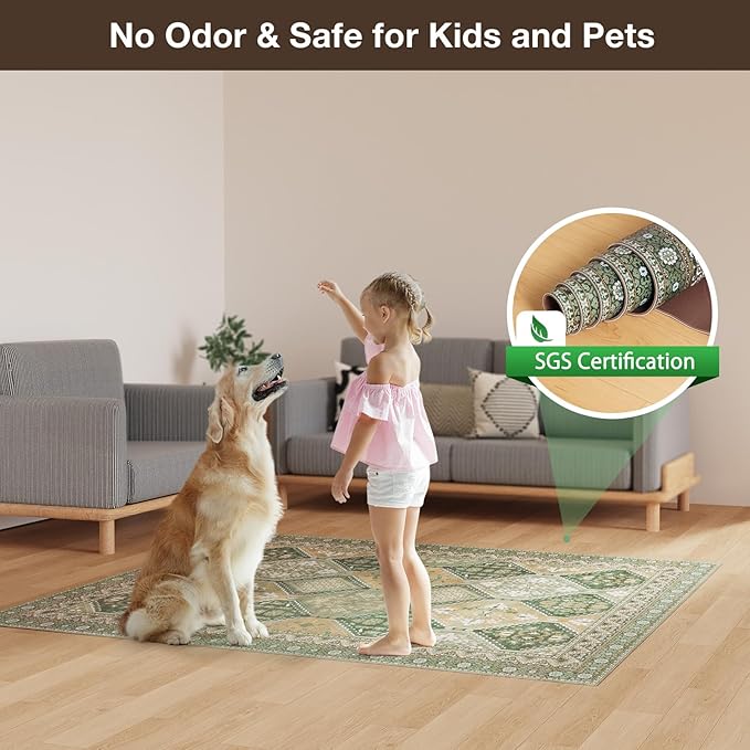 Floor Mat for Home 4×6ft, Easy Clean Plastic Rug-Like Pattern Area Mat for Living Room, Waterproof Vinyl Area Rug for Under Kitchen Table, No Slip Soft Vintage Rug for High Traffic Area(Green)
