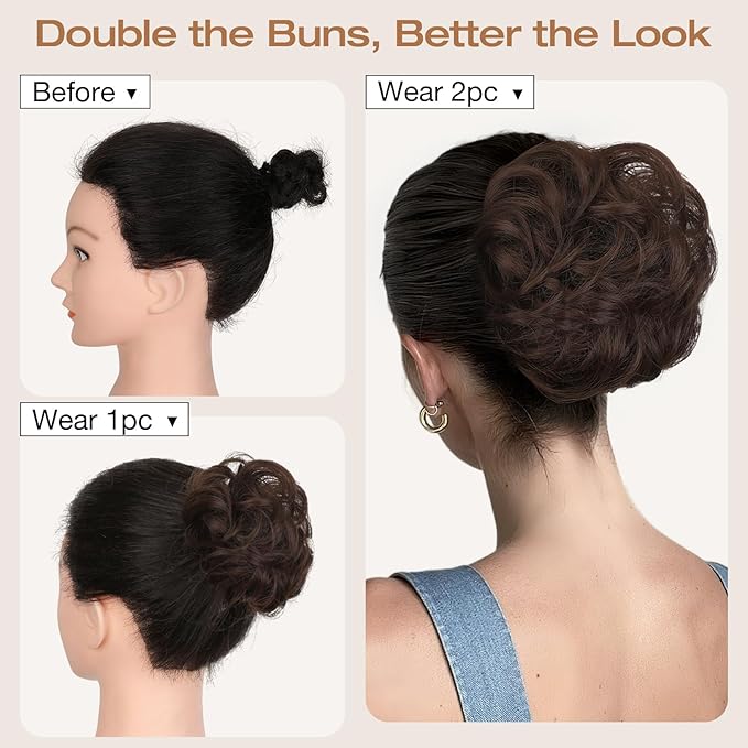 Messy Bun Hair Piece Wavy Curly Scrunchies Fluffy Donut Thick Updo Elegant Chignon Hairpieces for Women Girls, Natural Black 1.4oz