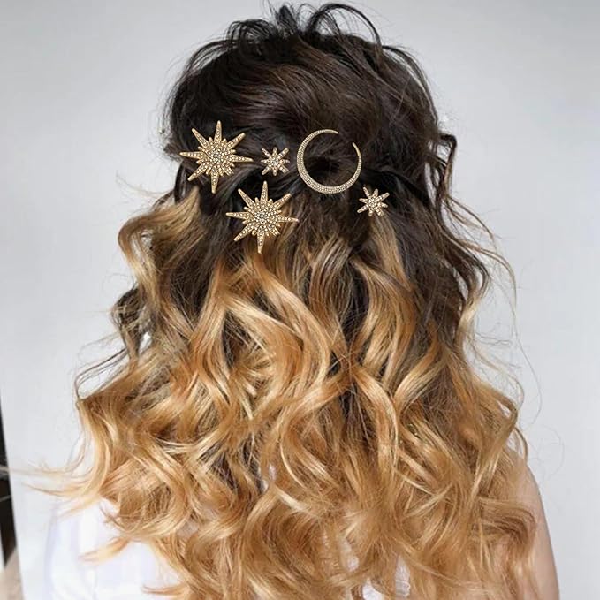 6 Pieces Rhinestone Stars Moon Hair Clips Vintage Star Hairpins Crystal Decorative Bobby Pins Metal Alloy Hair Pins Snowflake Side Clip Hair Accessories for Women Girls (Gold)