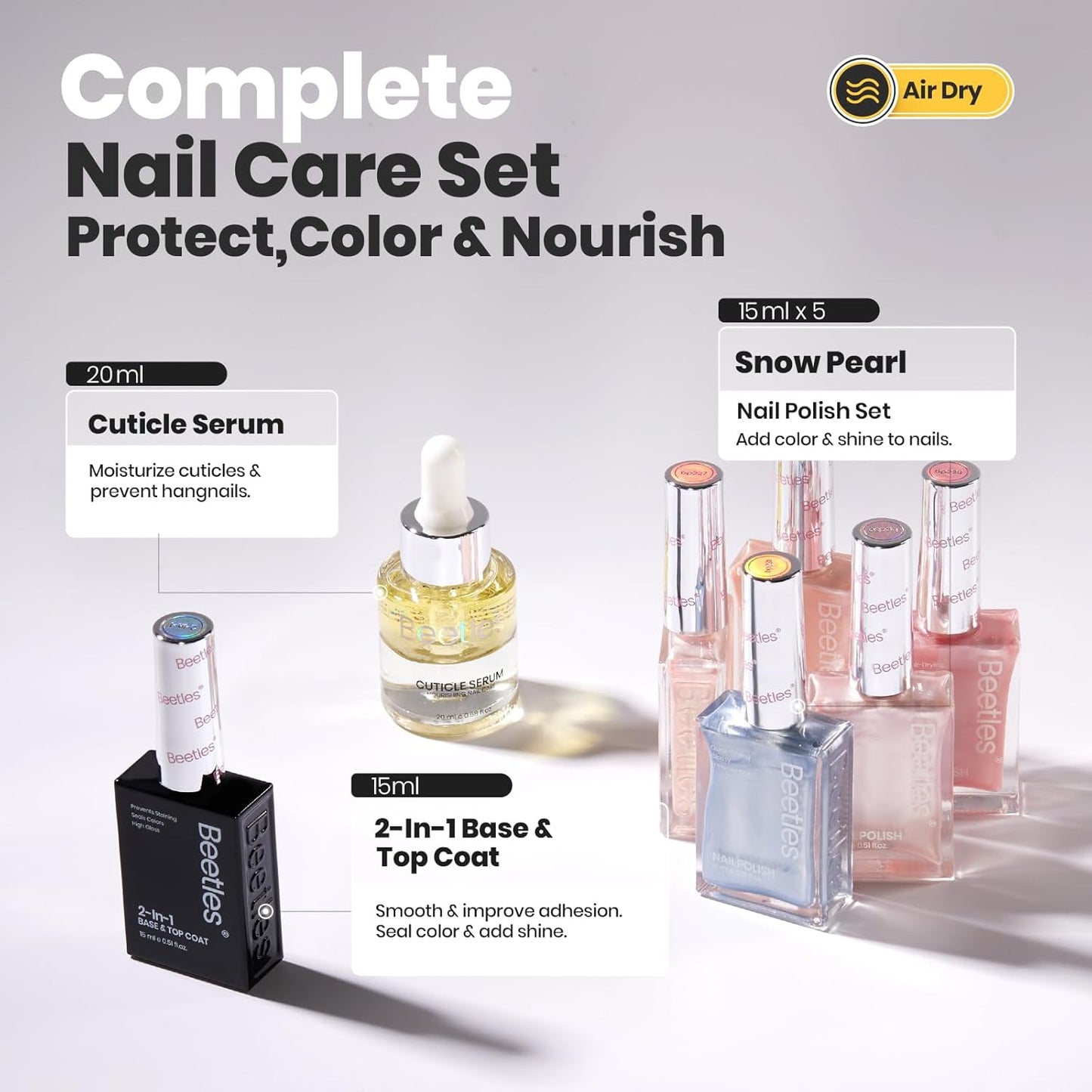 Beetles Pearl Nail Polish Set 7Pcs, Nude Pink Frosty Blue Beige Quick-drying Nail Polish Kit, with 2 IN 1 Base & Top Coat and Cuticle Serum 20ml All-in-One Care Nails Gift Sets