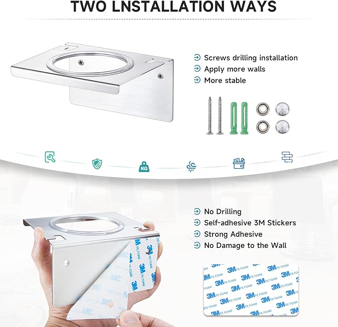 Hair Dryer Holder Wall Mounted, Hair Tool Organizer for Blow Dryer Holder Stainless Steel, Bathroom Hairdryer Holder, Adhesive Hair Dryer Organizer Storage Hanger for Vanity Barber Shops