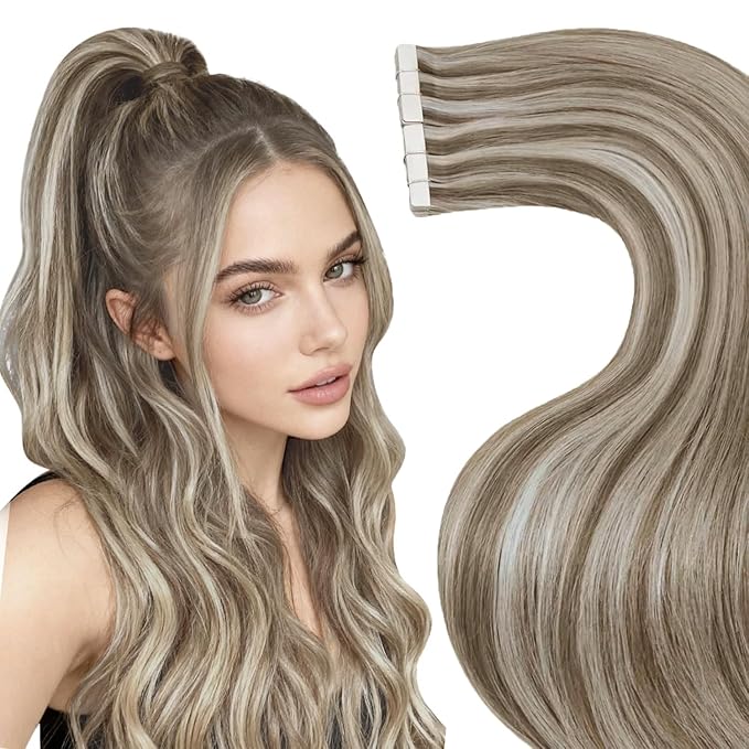 LaaVoo Tape in Hair Extensions Human Hair Highlights Extensions Tape in Platinum Blonde Highlights with Ash Brown 20 Inch 20pcs 50g