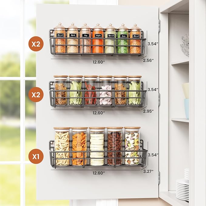 5 Pack Spice Rack Seasoning Organizer Wall Mount, Screw or Adhesive Hanging Shelf Basket Spice Organizer Shelf for Kitchen, Black