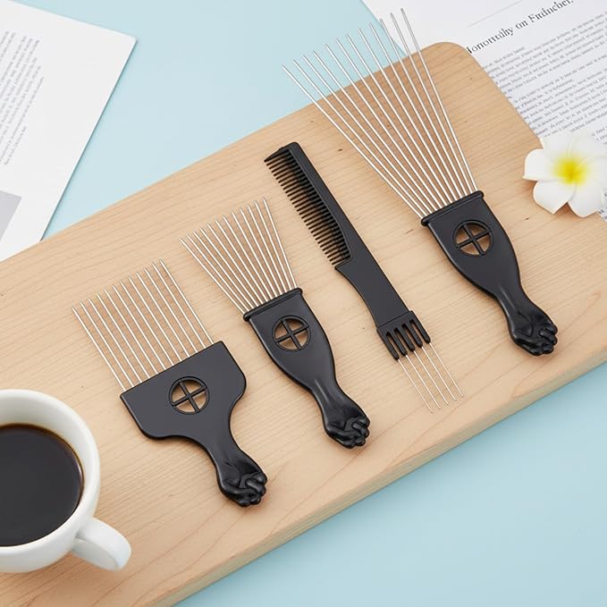 Sibba 4 Pack Metal Comb Afro Hair Pick Comb Set, Stainless Steel Wide Tooth Hair Picks for Natural Curly Coily, Fist Design Braid Styling Combs Afro Lift Picks Wig Detangler for Detangling Hairstyling