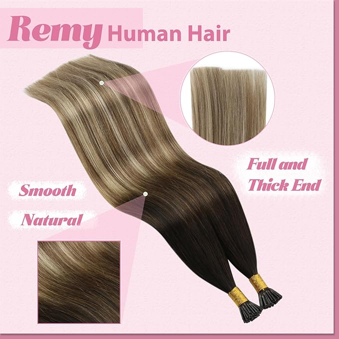 YoungSee I Tip Extensions Brown Balayage Itip Human Hair Extensions Dark Brown Ombre Brown with Blonde I Tip Hair Extensions 16 Inch 80s 50g Cold Fusion Hair Extension Add Length and Volume