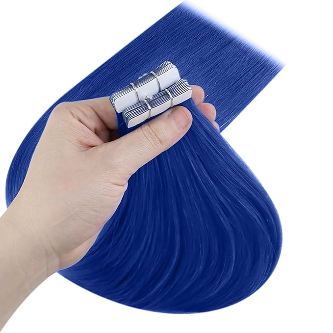 YoungSee Tape in Hair Extensions Real Human Hair Blue Invisible Tape in Human Hair Extensions Blue 18 Inch Seamless Tapes Hair-Extensions Colored 10pcs 25g DIY Hair Extension
