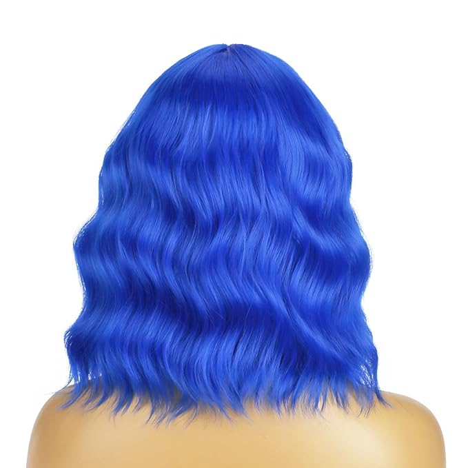 BERON 14 Inches Dark Blue Wig Short Curly Wig Women Synthetic Wigs Blue Wigs with Bangs Hairnet Included