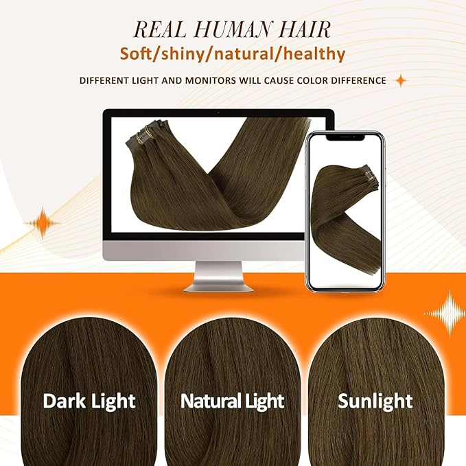 Full Shine Human Hair Clip in Extensions Brown Seamless Hair Extensions Clip in Medium Brown with PU Weft Real Human Hair Clip ins for Women 16 Inch 120 G 8 PCS