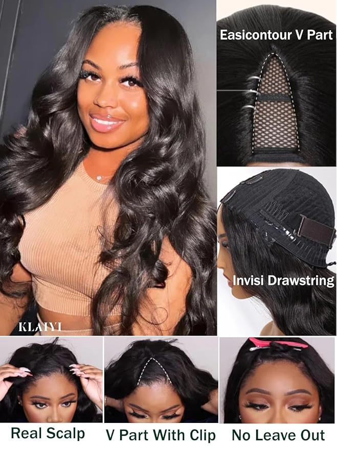 KLAIYI EasiContour V Part Wig Human Hair Body Wave Glueless Upgrade U Part Wig No Leave Out No Gel Clip in Half Wig V Shape Pull and Go Beginner Friendly Ready to Wear Natural Black Color 150% 26Inch