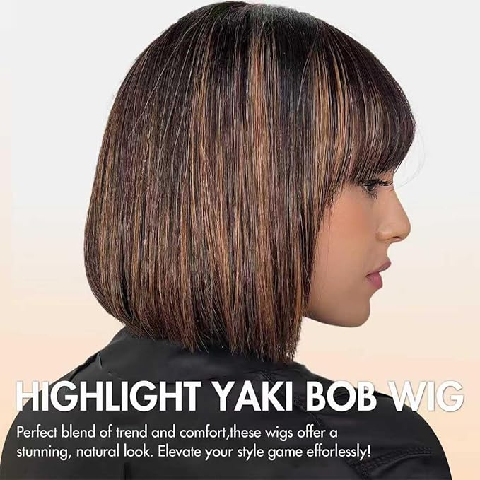 Bob Wig Human Hair with Bangs Glueless 2.5x1 HD Lace Colsure Wigs Human,Yaki Bob Wig with Brown Highlights, Ready to Go Short Wigs For Women Beginner Friendly 14 Inch