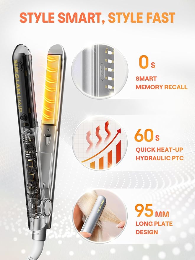 SHEGLAM Hair Straightener 1inch Negative Ion Flat Iron 60s Quick Heating Dual Voltage Sleek Chic Wide Glide
