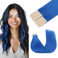 GOO GOO Tape in Hair Extensions Human Hair, Blue, 14inch 25g 10pcs, Colored Tape ins Human Hair Extensions, Silky&Soft Invisible Tape Ins, Hair Highlighted for Party