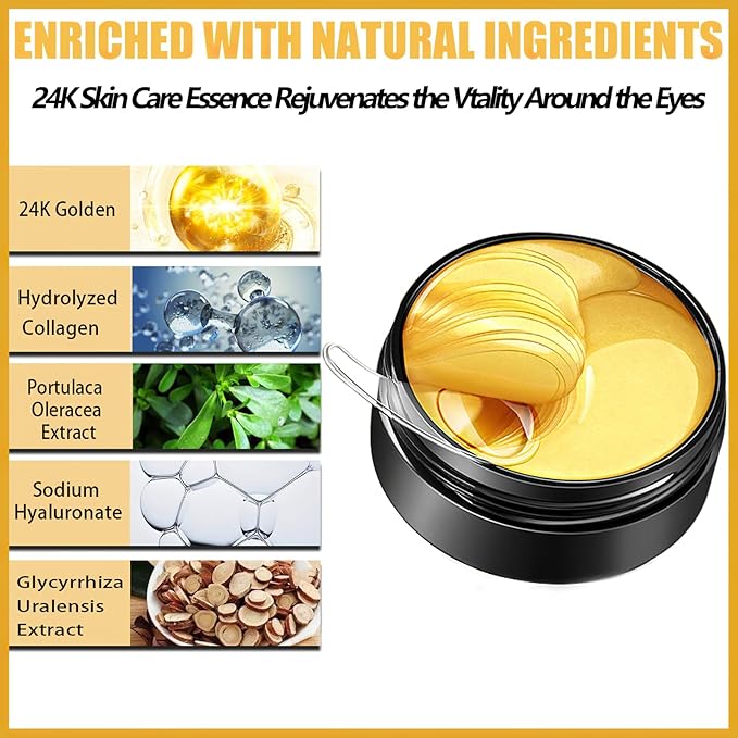 60 Pcs Under Eye Patches, 24K Gold Eye Masks, Collagen Anti Aging Eye Gel Pads, Moisturizing Eye Treatment for Puffy Eyes, Dark Circles, Wrinkles, Fine Lines, 24K GOLDEN