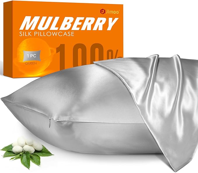100% Mulberry Silk Pillowcase for Hair and Skin, 22 Momme Pure Natural Silk Pillow Case Both Sided with Zipper, Pillow Cover for Women Mom Men (Silver Grey, Standard 20''×26'', 1 Pack)
