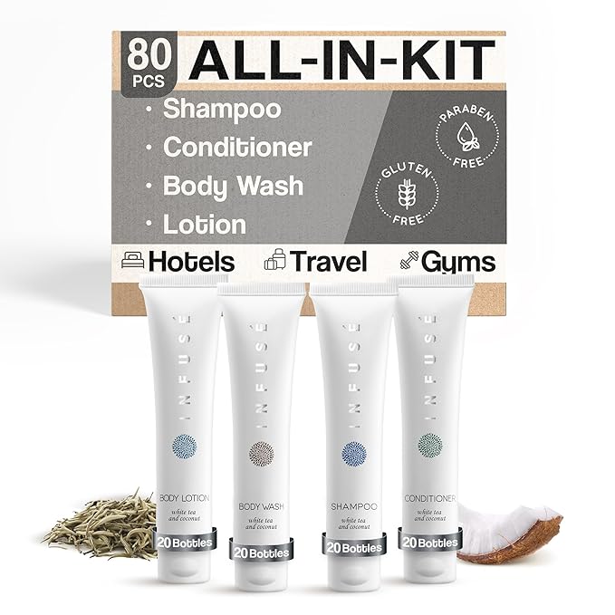 Infuse White Tea & Coconut Hotel Toiletries Bulk Set | 1-Shoppe Amenities Kit | 1oz Shampoo & Conditioner, Body Wash, Lotion | Travel Size | 80 Pieces