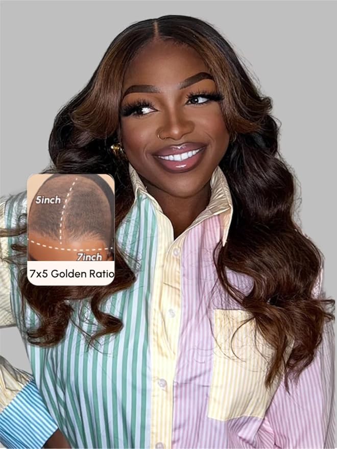 YIROO Ombre Chestnut Brown Bye Bye Knots Wig Loose Wave 7x5 Lace Front Glueless Wig Human Hair Pre Plucked Pre Cut Put on and Go Ready to Wear Wig Pre Bleached 150% Density 24inch