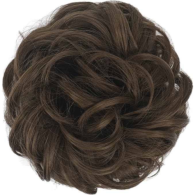 FESHFEN Messy Bun Hair Piece - Large Elastic Wavy Curly Hair Bun Scrunchies Ponytail Extensions Synthetic Chignon Hairpieces for Women, Golden Brown 1.94oz