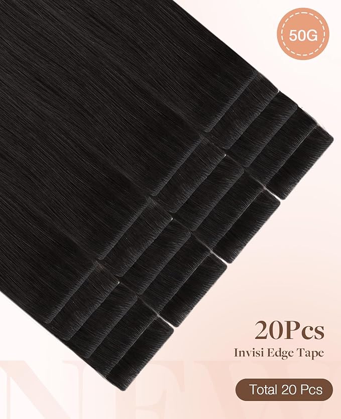 GOO GOO Invisi Edge Tape in Hair Extensions Human Hair, 1B Natural black 20pcs 24inch 50g, Virgin Remy Hair, Seamless Injected Tape, Natural Look