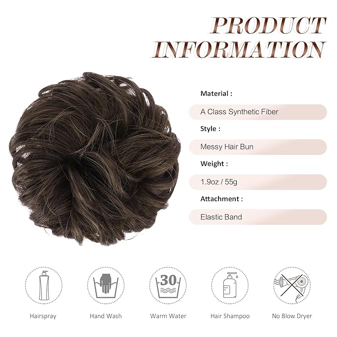 FESHFEN Messy Bun Hair Piece - Large Elastic Wavy Curly Hair Bun Scrunchies Ponytail Extensions Synthetic Chignon Hairpieces for Women, Mixed Chocolate Brown 1.94oz