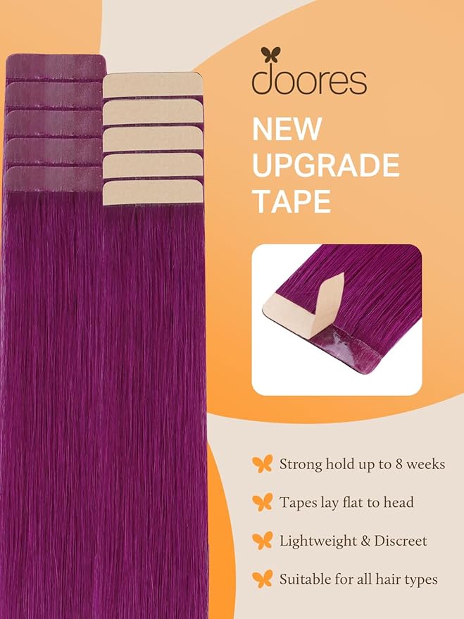 DOORES Tape in Hair Extensions Real Human Hair, Violet 16 Inch 25g 10pcs, Human Hair Extensions Tape in Natural Hair Straight Hair Extensions Remy