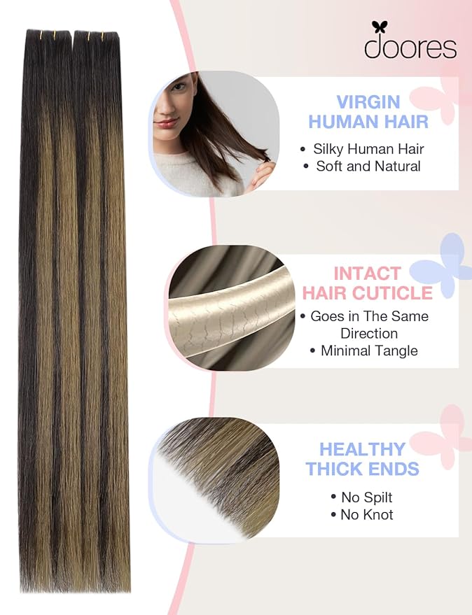 DOORES Invisible Hair Extensions Real Human Hair Tape in Invisi Edge, Dark Brown to Chestnut Brown 10 Injection Tape-ins with 10 Injection Tape-ins 50g 14 Inch, Tape in Extensions