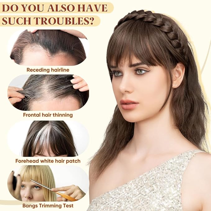 SARLA Braided Headband with 3 Detachable Clip in Bangs Fringe Hairpieces Fake Synthetic Hair Band Bangs for Women Chocolate Multi