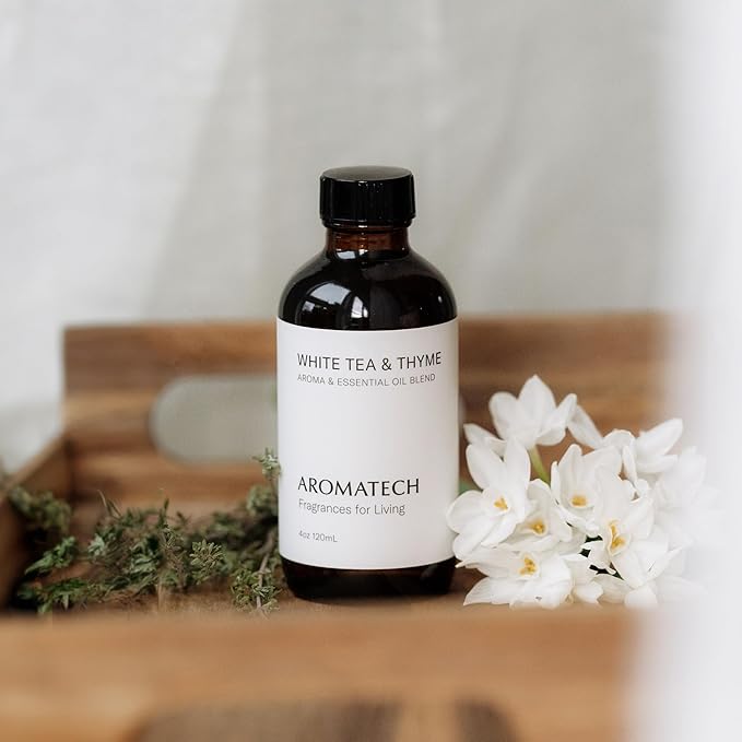 AromaTech White Tea and Thyme Aroma Essential Oil Blend: Luxury Hotel Inspired Aromatherapy with Tea Leaf, Fresh Thyme & Amber for Ultrasonic Diffusers & Nebulizers - 4 fl oz, 120 ml