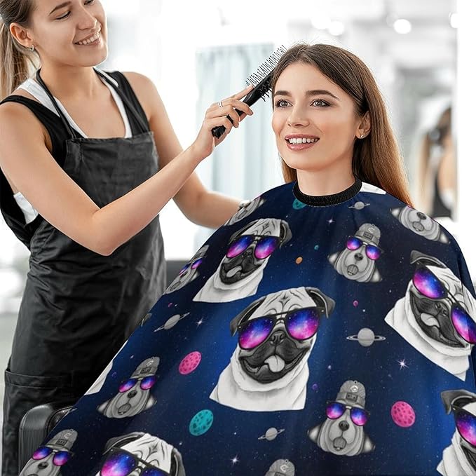 Extra Long Professional Salon Cape, Haircut Apron Galaxy Pug with Cool Glass Hair Cutting Gown for Styling Hair Cut Hairdresser