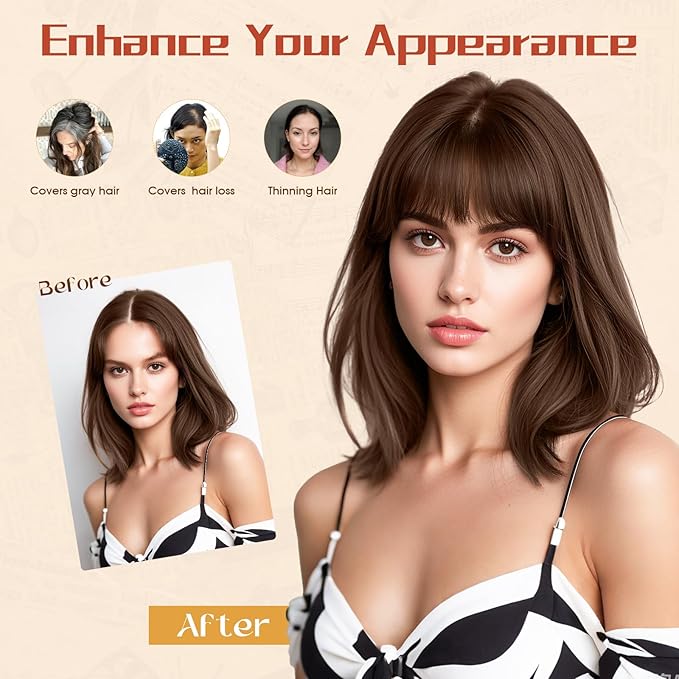 Rich Choices Human Hair Toppers for Women-100% Real Remy Hair Topper with 3D 360°Bang-Upgraded 150% Density 9 * 12CM Lace Base-Clip in Hairs topper for Thinning Hairs-14Inch #2R Chocolate Brown