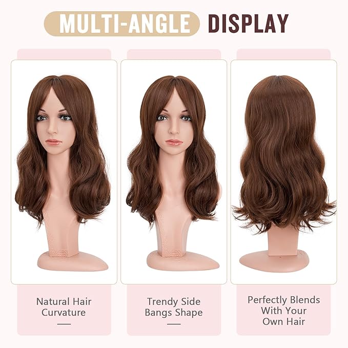 Hairro 18 Inch Long Hair Toppers Wavy with Side Bangs for Women, Clips In Synthetic Hairpieces Capless, for Adding Volume/Birthday/Party/Halloween/Cosplay Dress Up, Chocolate Brown