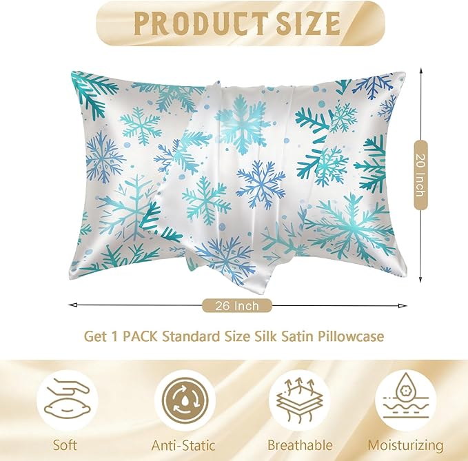 1 Pack Satin Pillowcase for Hair and Skin Blue and Turquoise Snowflakes Imitation Silk Pillowcase with Hidden Zipper Soft Breathable Pillow Cover Standard Size for Bedroom Sofa 20”x26”