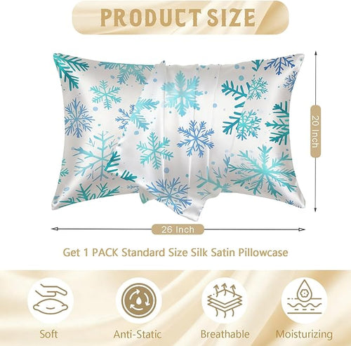 1 Pack Satin Pillowcase for Hair and Skin Blue and Turquoise Snowflakes Imitation Silk Pillowcase with Hidden Zipper Soft Breathable Pillow Cover Standard Size for Bedroom Sofa 20”x26”
