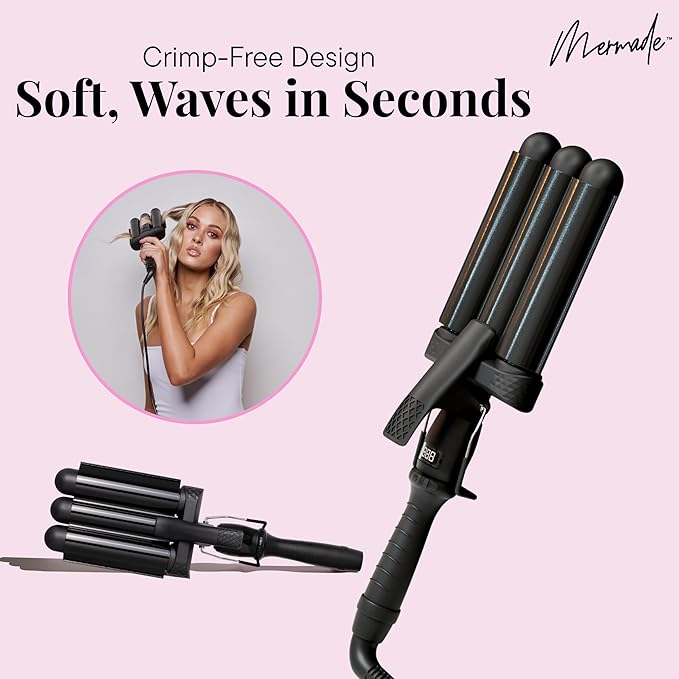 Mermade PRO Hair Waver 1.25" - 3 Barrel Curling Iron 1 1/4 Inch, Ceramic Barrel Waver for Thick, Thin, Long, or Short Hair - 1.25", Black