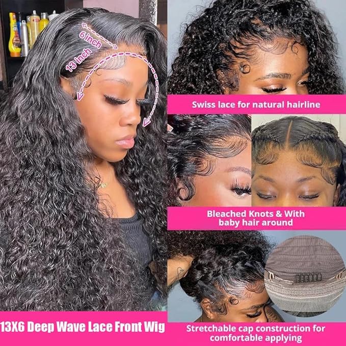 VIPbeauty 13x6 Deep Wave Lace Front Wigs Human Hair 200 Density Transparent HD Lace Frontal Wig for Black Women Pre Plucked With Baby Hair Virgin Hair Wigs 18 Inch