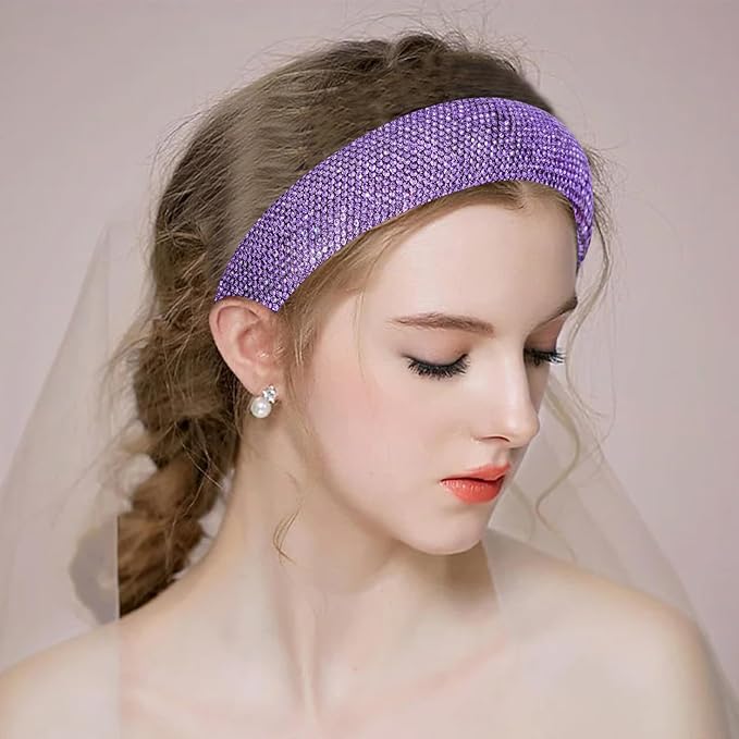 Sparkly Wide Headbands for Women Girls,2PCS Rhinestone Padded Headband Sliver Purple Glitter,Fashion Sparkle Rhinestone Hairbands Hair Hoop for Daily Prom Party Head Accessories