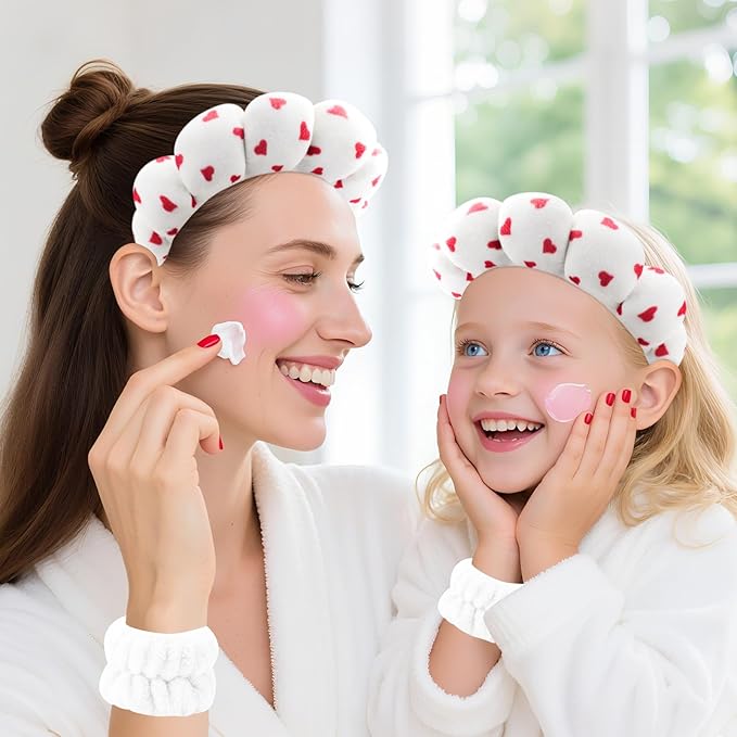 Zkptops Spa Headband for Washing Face Wristband Set Sponge Makeup Skincare Velvet Fabric Bubble Soft Get Ready Hairbands for Women Puffy Headwear Non Slip Thick Thin Hair Accessory (Red Heart)