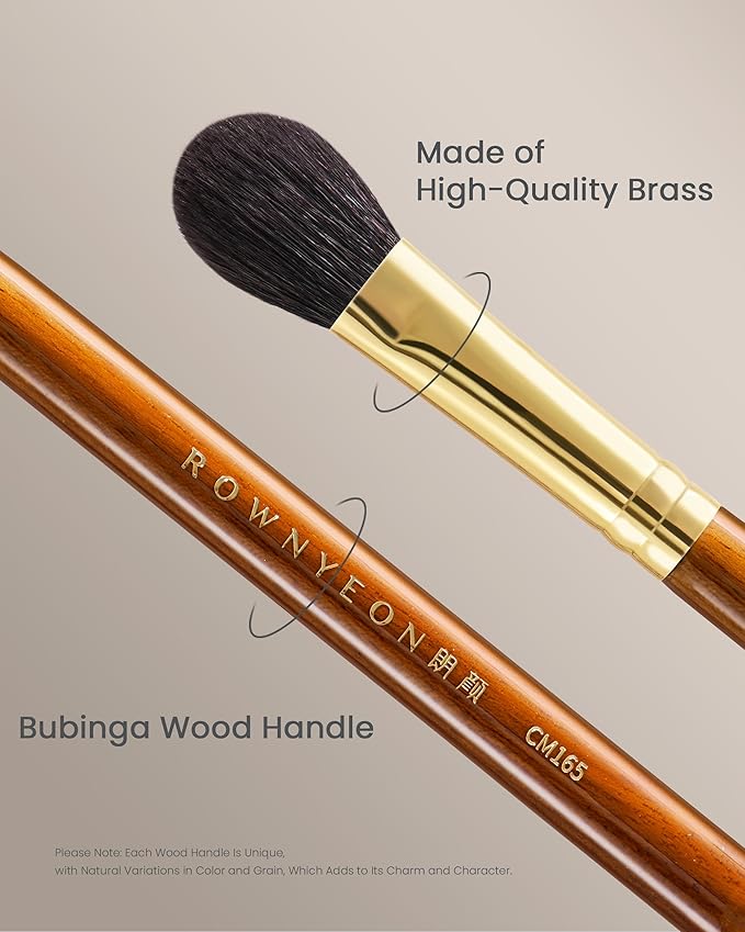 Desert Oak Series Highlighter & Setting Brush - Grade-A Fine LambsGoat Hair for Airbrushed Finish, Multi-Use for Cheeks/Nose/Under-Eyes, Ebana Handle & Brass Ferrule (CM 165)