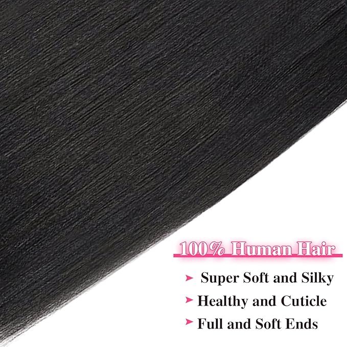 Seamless PU Yaki Straight Clip in Hair Extensions Real Human Hair For Women Invisible Yaki Straight Clip ins (18inch,#1B)