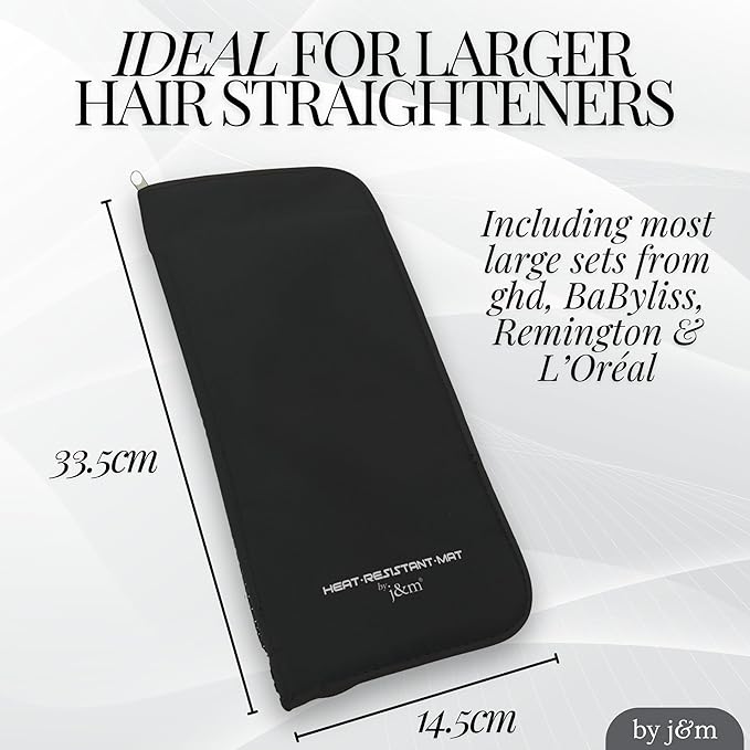 New: Hair Straightener Mat & Pouch by j&m - Enhanced Heat Resistant - Fits ghd, BaByliss & Larger Flat Irons - Zip-Up All-in-One Compact Travel Case (Felt Mat)