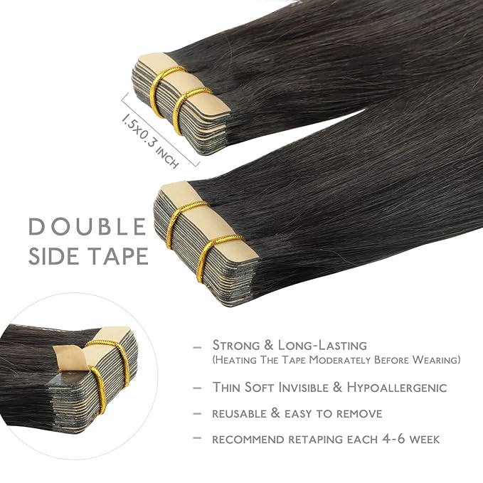 WENNALIFE Tape in Hair Extensions Human Hair, 20pcs 50g 18 inch Natural Black Remy Hair Extensions Straight Human Hair Tape in Extensions Skin Weft Tape Extensions Human Hair