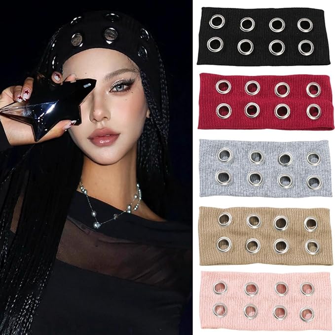 papasgix Grommet Headband for Women, Y2K Elastic Headband Wide Black Hair Band with Holes Metal Rock Style 2000s Hair Accessories (1, Dark Grey)