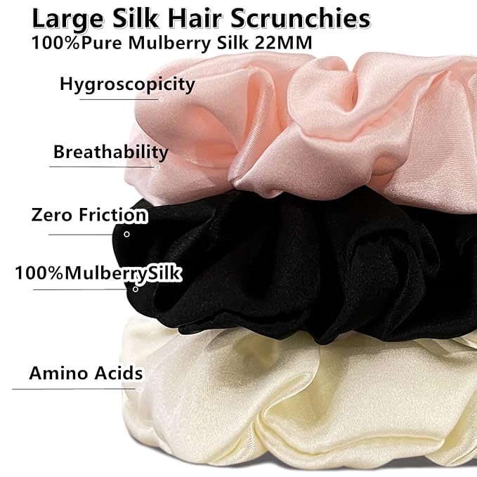 Suncdelv Silk,100% Silk Scrunchies for Hair,22 Momme Hair Ties for Anti-Crease & Breakage,Natural Women Hair Accessories，Fashion Hairbands 3PCS（White,Black,Pink）