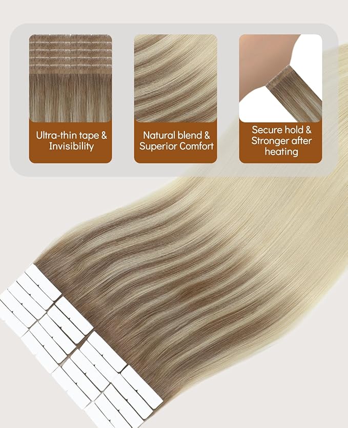 VINBAO Invisi Edge Tape in Hair Extensions Human Hair Balayage Ombre Ash Brown to Platinum Blonde Injection Tape in Hair Extensions Pro Quality 45g 20pcs 16inch #8T60