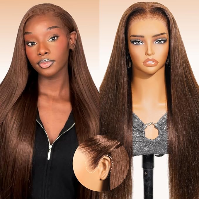 Arabella 13x6 Chocolate Brown Glueless Wigs Human Hair Pre Plucked Pre Cut 13x6 Ear to Ear Full HD Lace Front Wigs Human Hair 210% Density 4# Brown Straight Wig Drawstring Wig Human Hair 20 Inch